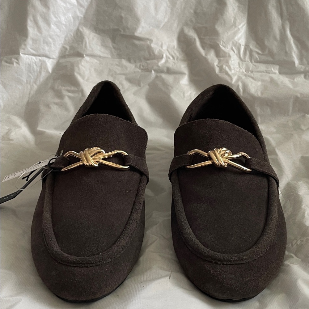 Tahari Dark Brown Loafers with Gold Knot Detail
